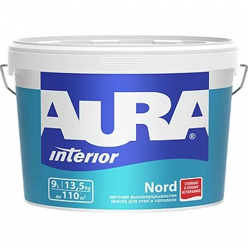Матовая высокоукрывистая краска для стен и потолков AURA Interior Nord / АУРА Норд 9 л (база А)