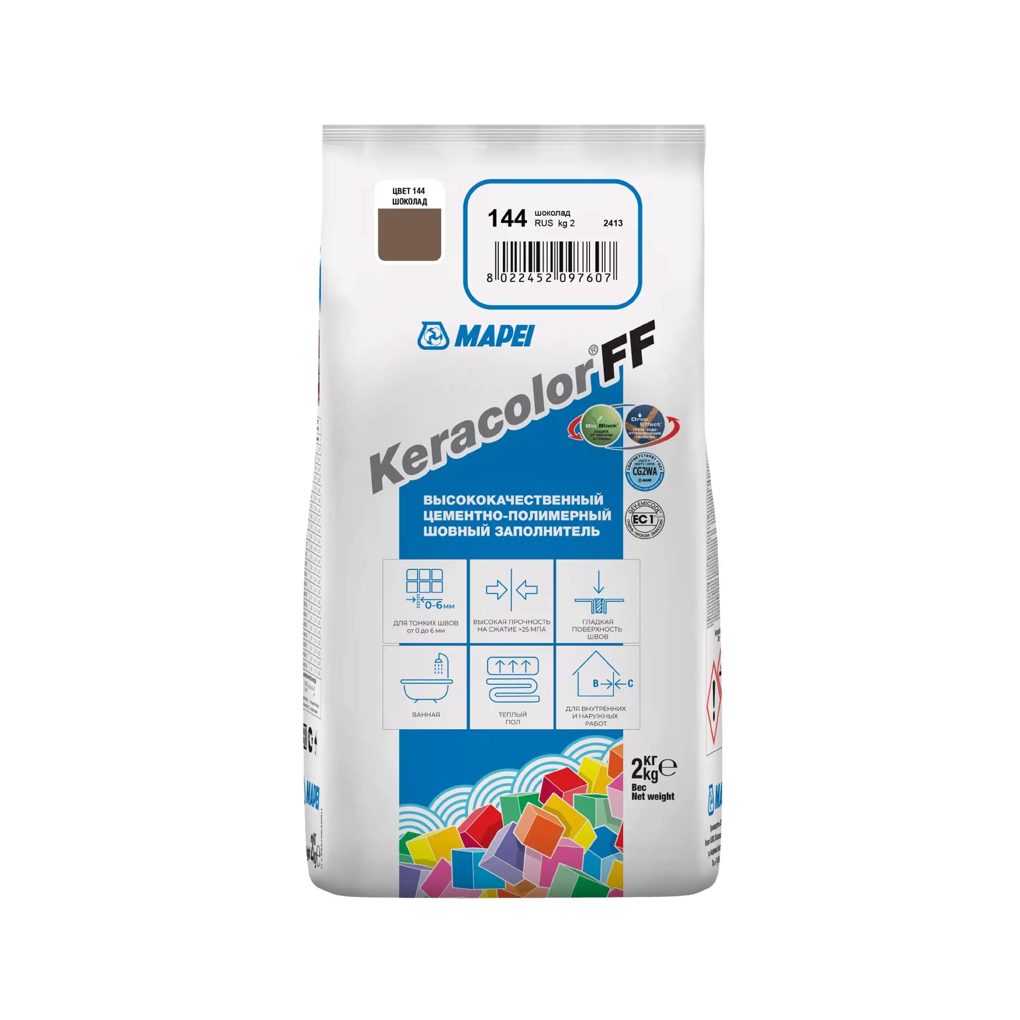 Затирка цементная Mapei Keracolor FF 144 цвет шоколад 2 кг								