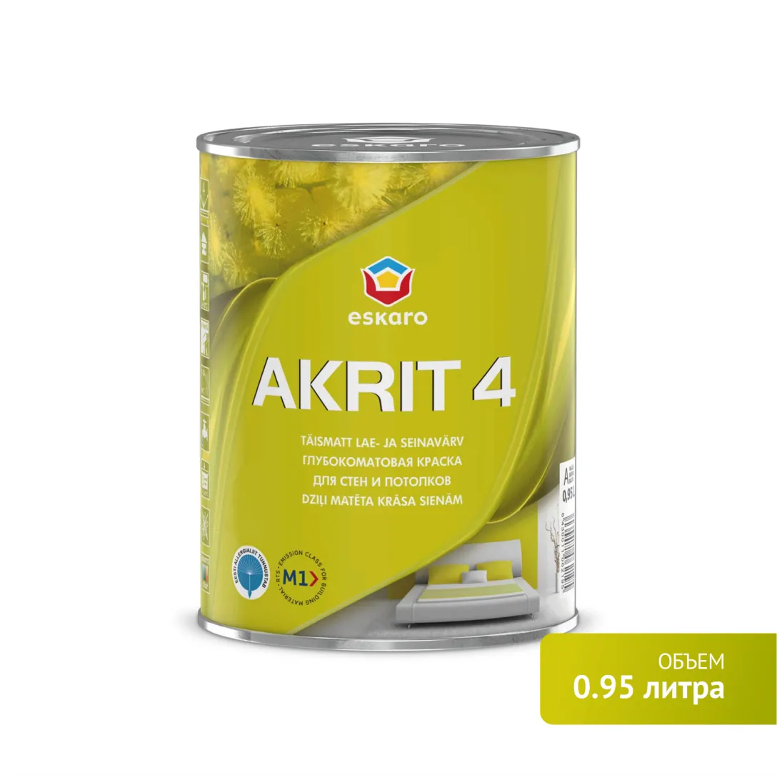 Глубокоматовая краска для стен и потолков Eskaro Akrit 4 (База А - белая) 0,95 л