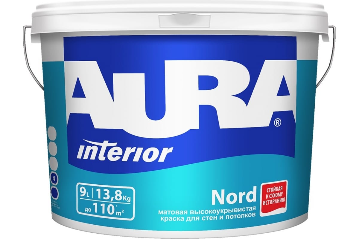 Матовая высокоукрывистая краска для стен и потолков AURA NORD 9л СТОК								