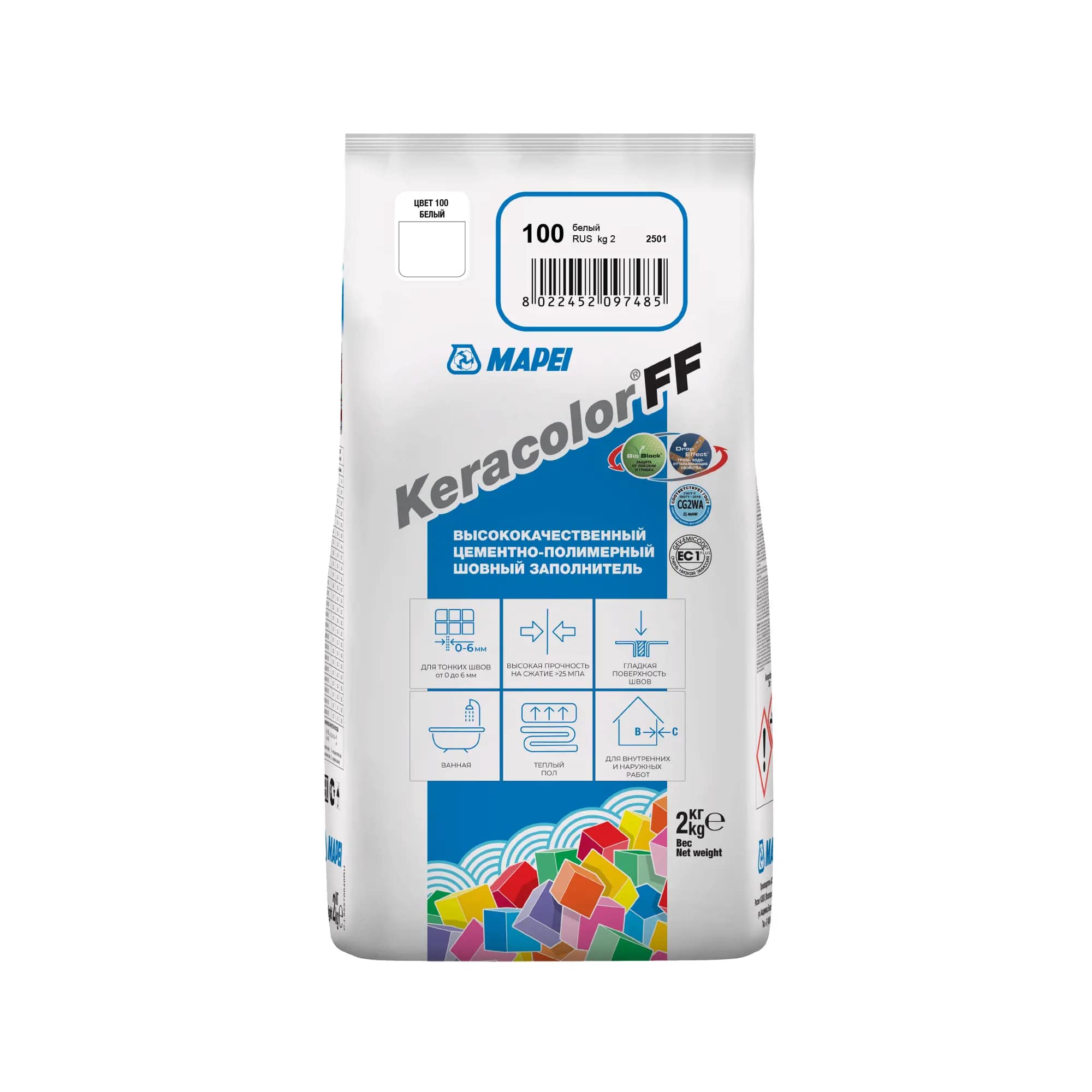Затирка цементная Mapei KERACOLOR FF № 100 ALU , белый (2 кг)								