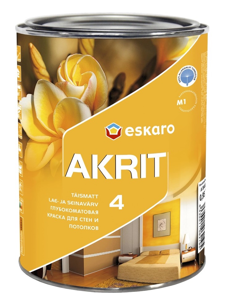 Глубокоматовая краска для стен и потолков Eskaro Akrit 4 (База А - белая) 0,95 л