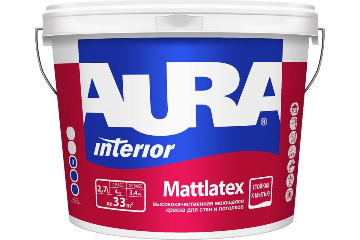 Краска моющаяся для стен и потолков AURA MATTLATEX основа TR 2,7л СТОК								