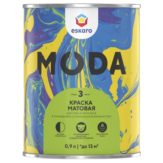 Матовая моющаяся краска для стен и потолков Eskaro Moda 3 / Эскаро Мода 3 0,9 л (база А)
