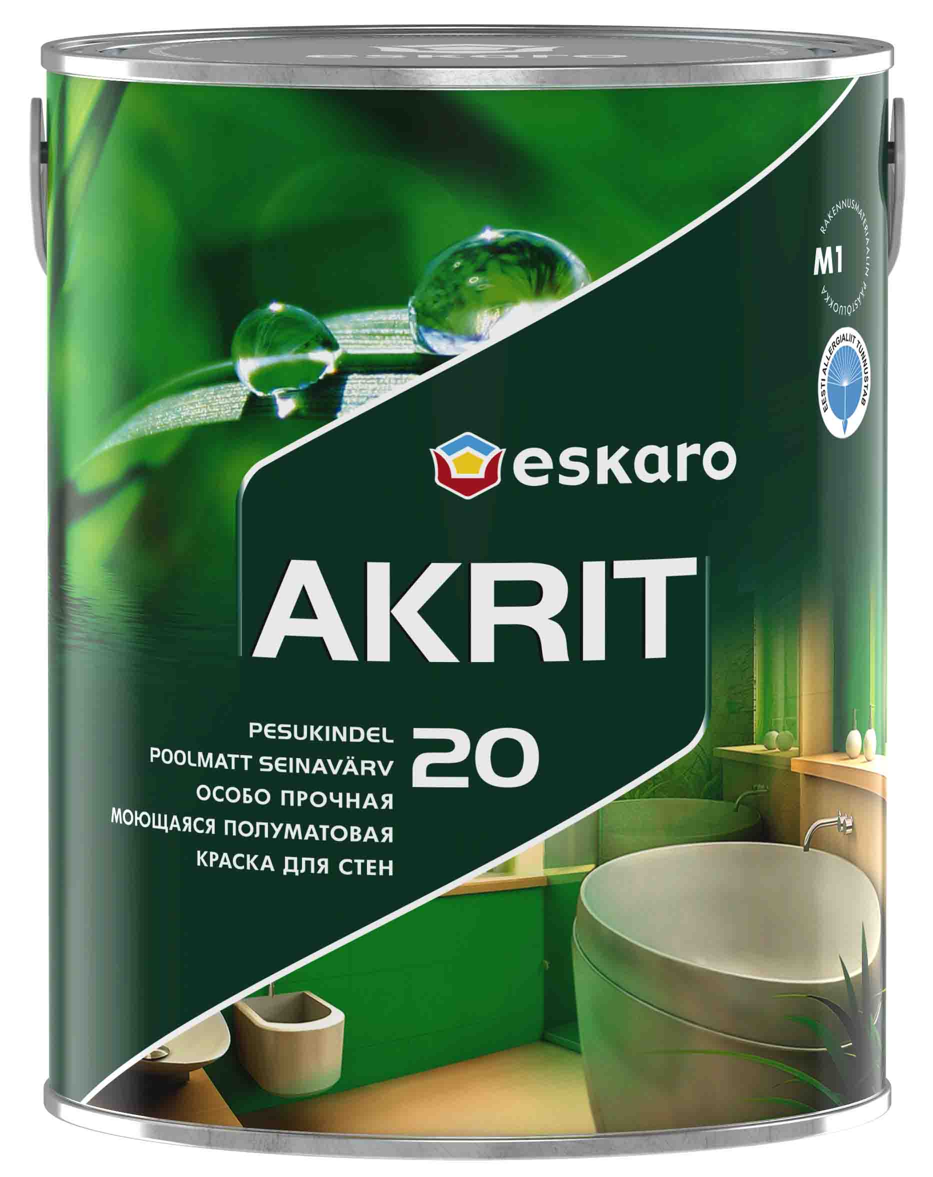 Особо прочная моющаяся полуматовая краска для стен Eskaro Akrit 20 (База А - белая) 2,85 л								