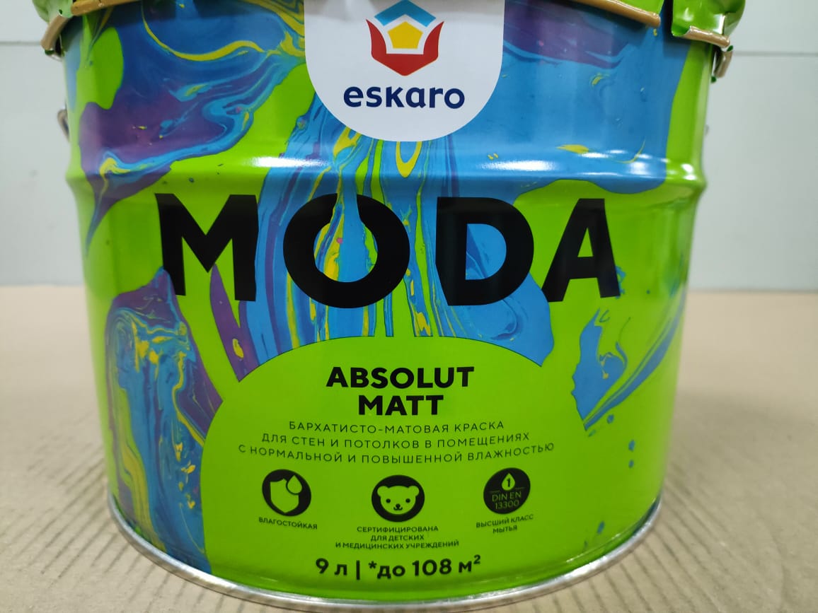 Бархатисто-матовая краска для стен и полотков Eskaro Moda Absolut Matt (База А - белая) 9 л