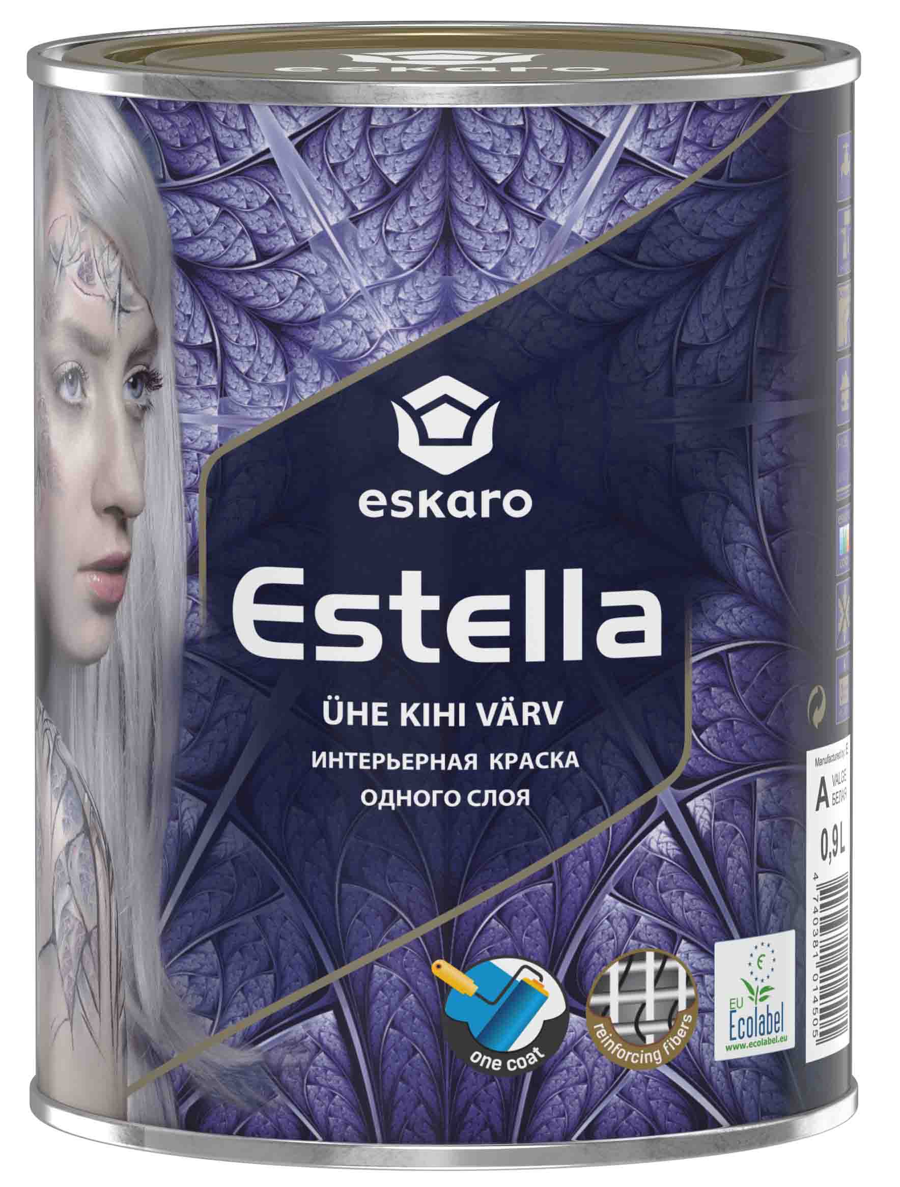 Интерьерная краска одного слоя Eskaro Estella (База А - белая) 0,9 л