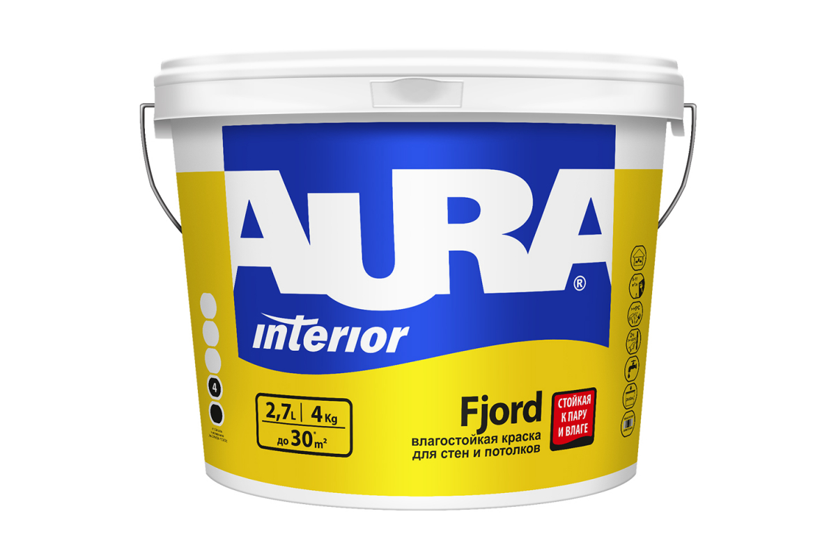 Краска влагостойкая для стен и потолков, ванной и кухни AURA Fjord / Аура Фьорд 0,9 л (база А)