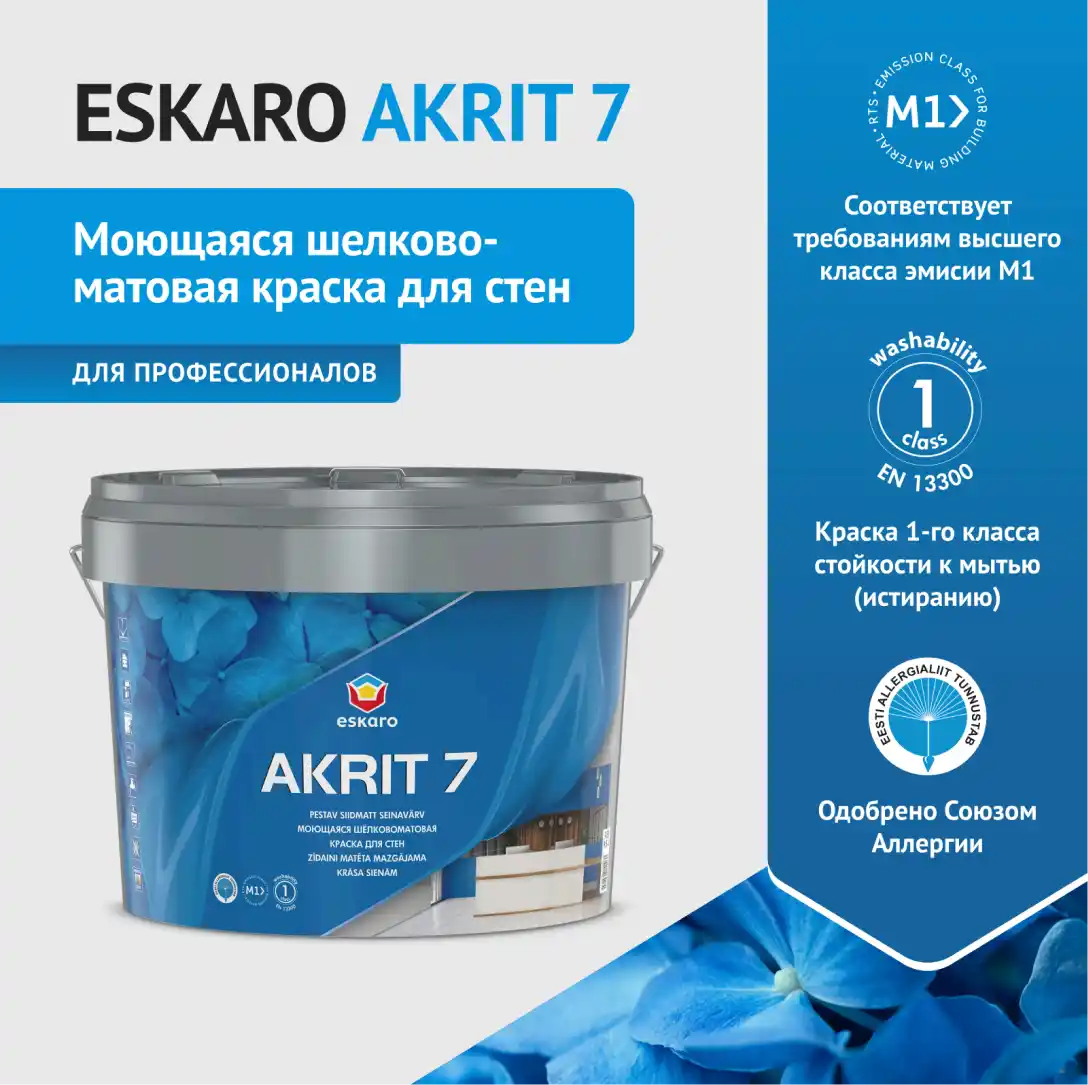 Моющаяся шелковоматовая краска для стен Eskaro Akrit 7 (База TR - прозрачная) 9,5 л