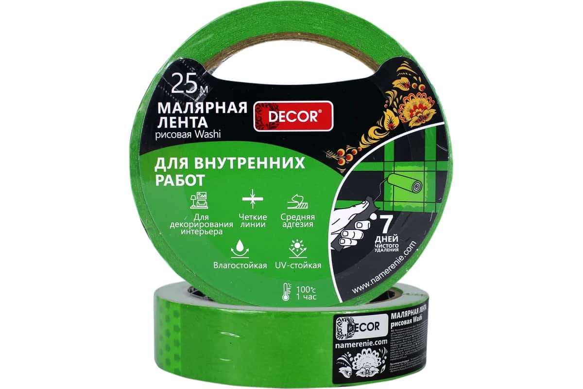 Малярная лента DЕCOR 25 мм х 25 м, зелен., для внутр. работ								