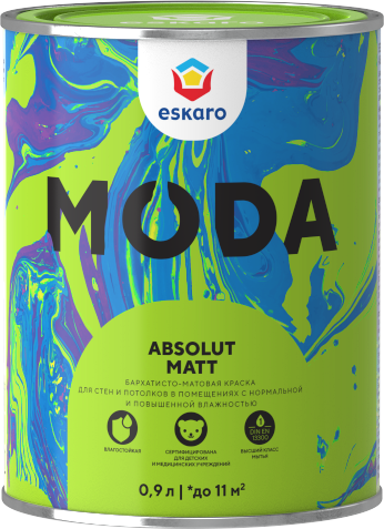 Бархатисто-матовая краска для стен и потолков Eskaro Moda Absolut Matt (База А - белая) 0,9 л								