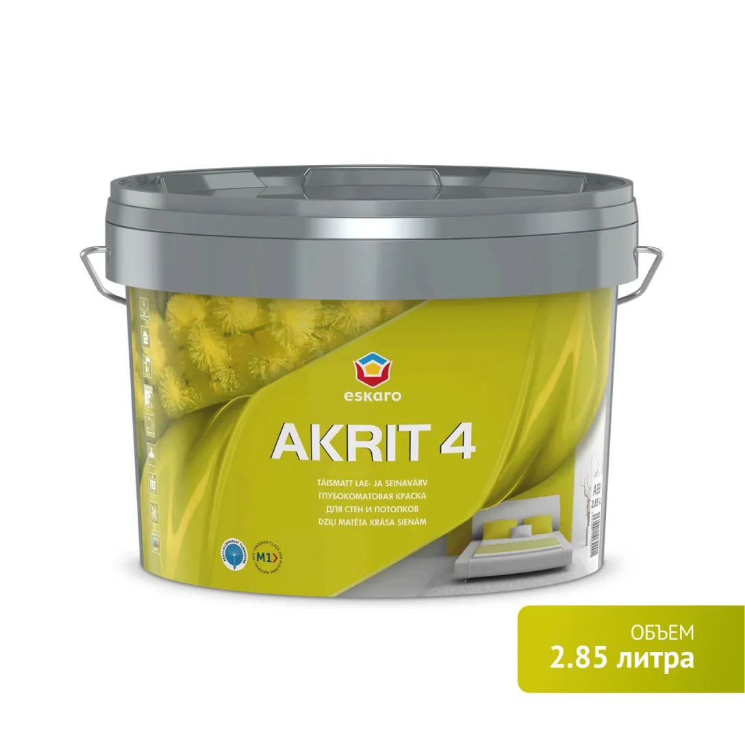 Глубокоматовая краска для стен и потолков Eskaro Akrit 4 (База А - белая) 2,85 л