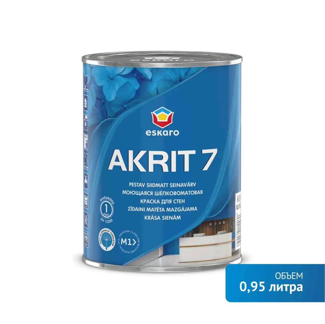 Моющаяся шелковоматовая краска для стен Eskaro Akrit 7 (База А - белая) 0,95 л