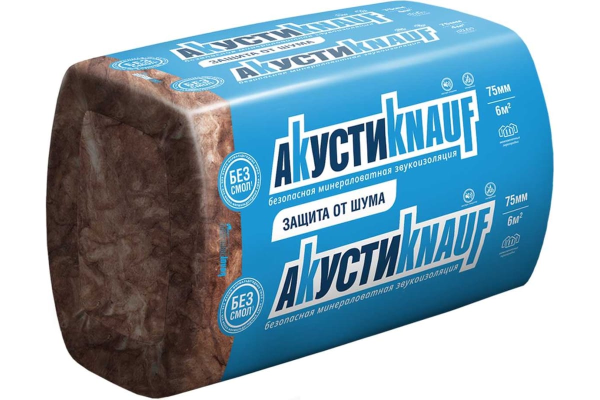 Минераловатная звукоизоляция АкустиКНАУФ AS плита 100x610x1230 6 м2/уп (0,6 м3/уп) (32 шт/пал)								